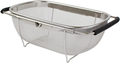 HOJKMA Over the Sink Colander, 4 Quarts Stainless Steel Expandable Oval Strainer Basket Colander with Rubber Grip Handles Fine Mesh Colander for Kitchen Sink, Strain, Drain, Rinse Fruits, Vegetables