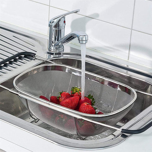 HOJKMA Over the Sink Colander, 4 Quarts Stainless Steel Expandable Oval Strainer Basket Colander with Rubber Grip Handles Fine Mesh Colander for Kitchen Sink, Strain, Drain, Rinse Fruits, Vegetables