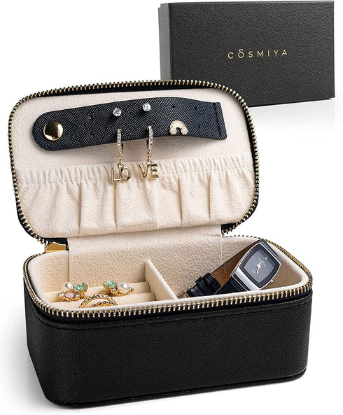Travel Jewelry Case | Small Jewelry Travel Organizer | Cute Travel Jewelry Box | Travel Ring Case with Storage for Earrings, Necklaces, Watch - Practical Travel Gift by COSMIYA - Black