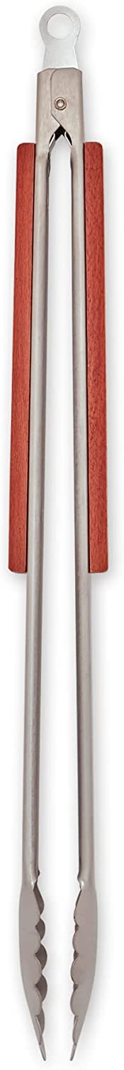 RSVP International Endurance® BBQ Locking Tongs, 18" | Flip Burgers or Kabobs w/ Long Handle that Keeps Hands Safe from Fire | Made from Stainless Steel & Rosewood