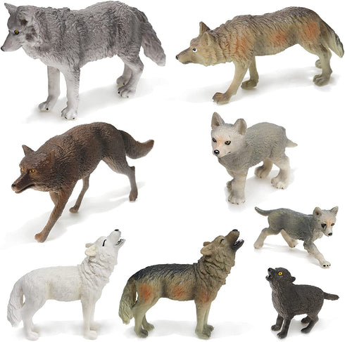 8 Pieces Wolf Toy Figurines Wolf Animal Figurines Forest Animal Figures for Kid Realistic Woodland Party Supplies Cake Toppers for Boys and Girls, 8 Styles