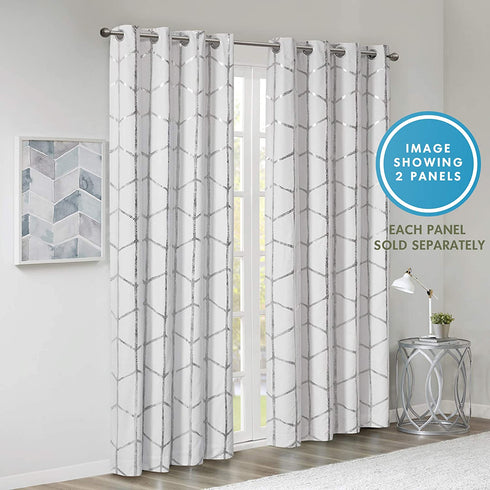 Intelligent Design Raina Total Blackout Metallic Print Grommet Top Single Curtain Panel Thermal Insulated Light Blocking Drape for Bedroom Living Room and Dorm, 50x84, White/Silver 1 Piece