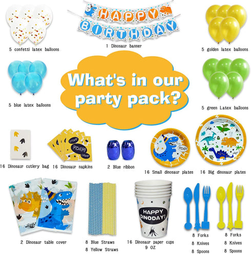 WERNNSAI Dinosaur Party Supplies Set - Dinosaur Themed Party Decoration for Boys Kids Birthday Cutlery Bag Table Cover Plates Cups Napkins Straws Utensils Banner & Balloons Serves 16 Guests 169 PCS