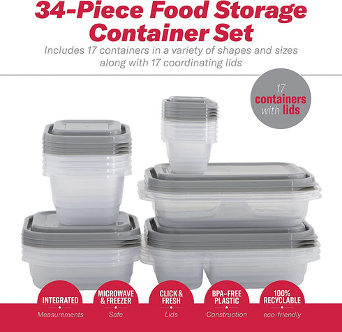 Good Cook EveryWare 34-Piece BPA-Free Plastic Food Storage Container Set, Clear/Grey, (41758)