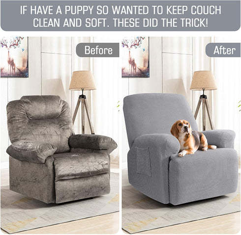 Recliner Cover 4-Pieces, TAOCOCO Recliner Stretch Sofa Slipcover Recliner Cover 1 Seater Couch Protector Soft Furniture Protector Covers with Elastic Chair Covers Jacquard Pattern (Dusty Grey)