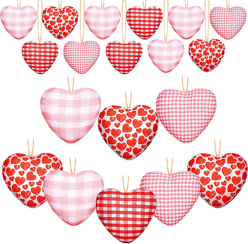 12 Pieces Valentine's Day Buffalo Check Fabric Ornament Valentine's Day Hanging Bauble Ornament Heart-Shaped Ornaments Baubles Decoration for Valentine's Day Wedding Party, 4 Styles