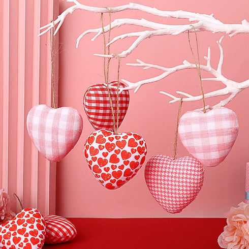 12 Pieces Valentine's Day Buffalo Check Fabric Ornament Valentine's Day Hanging Bauble Ornament Heart-Shaped Ornaments Baubles Decoration for Valentine's Day Wedding Party, 4 Styles
