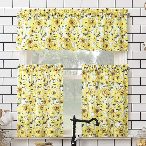 No. 918 Sunbeam Sunflower Print Semi-Sheer Rod Pocket Kitchen Curtain Valance and Tiers Set, 54 in x 24 in (3 Piece), Yellow