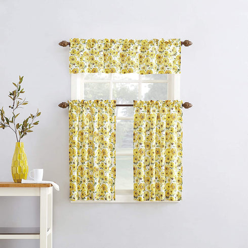 No. 918 Sunbeam Sunflower Print Semi-Sheer Rod Pocket Kitchen Curtain Valance and Tiers Set, 54 in x 24 in (3 Piece), Yellow