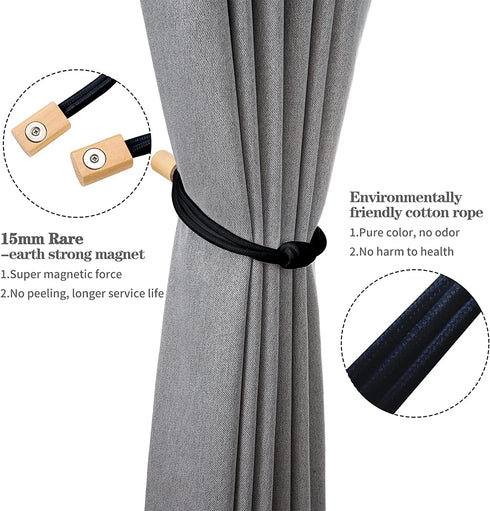 Porlepuo Magnetic Curtain Tiebacks 2-4 Pack, Curtain Holdbacks in Elastic Rope, Decorative Curtain Ties 20.6 inches for Thin or Thick Home Office Drapes (Black, 4)