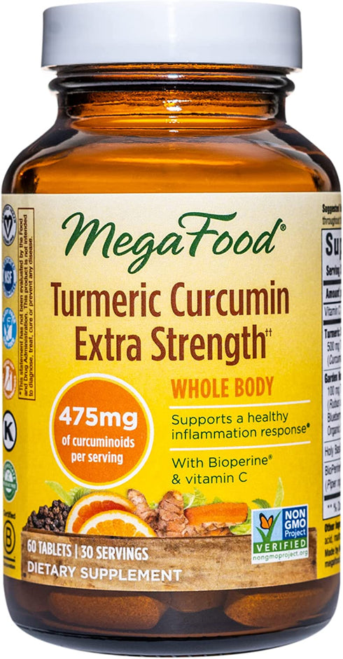 MegaFood Turmeric Curcumin Extra Strength - Whole Body Supplement to Support Healthy Inflammation Response with Black Pepper - Gluten Free, Vegan & Made without Dairy & Soy - 60 Tabs (30 Servings)