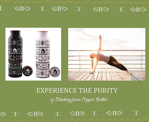 Peak Life Classy Warli Print Pure Copper Water Bottle | Leakproof Design | Ayurvedic Natural Wellness, Sports, Yoga, Fitness - 32 Oz (950ml)