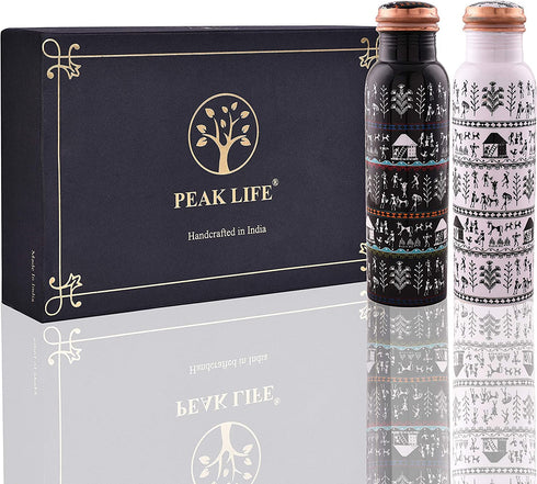Peak Life Classy Warli Print Pure Copper Water Bottle | Leakproof Design | Ayurvedic Natural Wellness, Sports, Yoga, Fitness - 32 Oz (950ml)