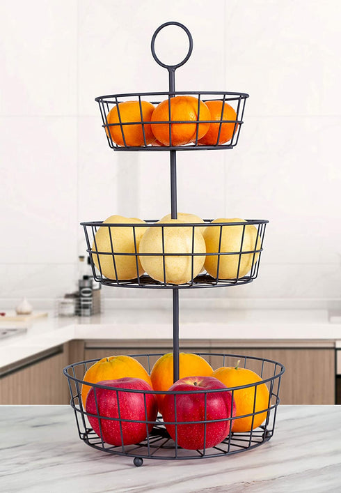 HANZE 3-Tier Wire Fruit Basket Bowl, Detachable Vegetable Bread Countertop Display Storage Stand Rack for Kitchen Bathroom Hanging Organize, Brown