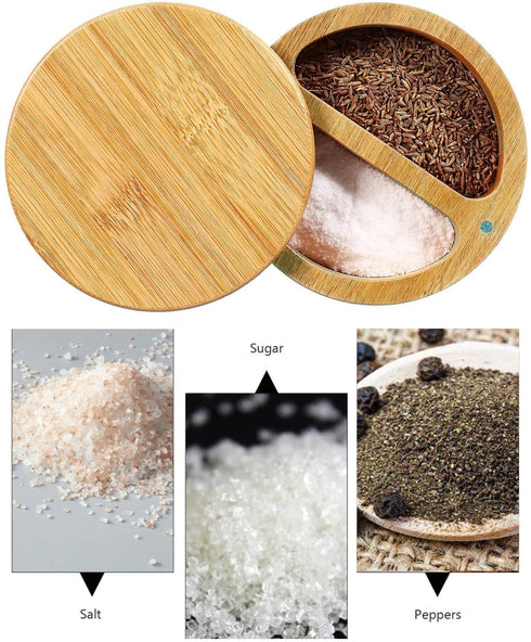 Salt and Pepper Bowls, Salt Keeper with Swivel Lid and Magnet to Keep Dry, Bamboo Salt Cellar with Two Spoons, Two Deep Compartments for Counter