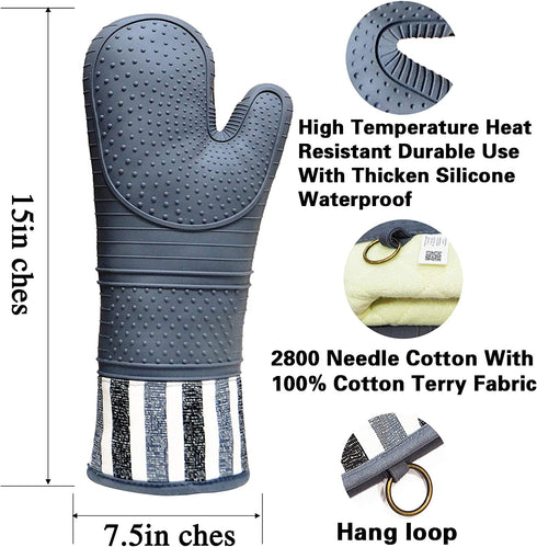 RED LMLDETA Heat Resistant 550 Degree Oven mitt, Silicone Oven Hot Mitts - 1 Pair, Extra Long Professional Baking Oven Gloves - Food Safe,Pot Holders Cooking,Grilling,Kitchen (Grey Mittens)