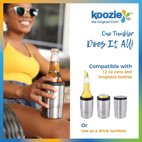KOOZIE Stainless Steel Triple 3-in-1 Can Cooler, Bottle or Tumbler with Lid for 12 oz Standard Cans | Double Wall Vacuum Insulated for Hot and Cold Drinks (Silver)