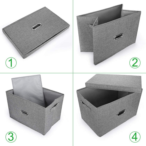 Valease Linen Fabric Collapsible Storage Bins with Removable Lids and Handles, Washable Storage Box Containers Baskets Cube with Cover for Bedroom,Closet,Office,Living Room,Nursery (Grey, Medium)
