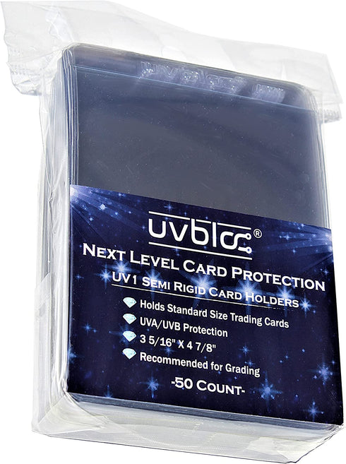 UVBLOC Semi Rigid Card Holder Sleeves (50 Pack) PSA Grading Saver Storage Protector Cases for Trading Baseball Basketball Football Pokemon Sports Cards