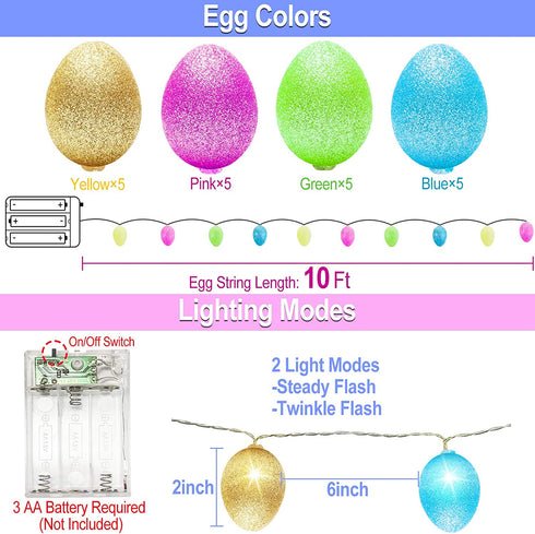 Easter Lights Decorations 10 Ft 20 Led Easter Eggs String Lights Battery Operated Fairy Lights Garland Easter Decorations for Home Party Indoor Outdoor Tree Bedroom Easter Hunt (Warm White)