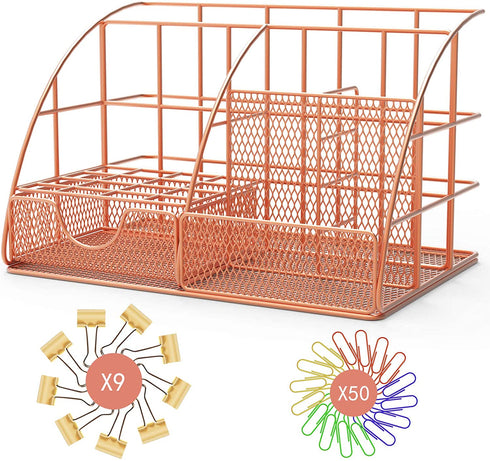 Rose Gold Desk Organizer for Women - Wayin Upgraded Mesh Office Supplies Desk Accessories with 6 Compartments + Sliding Drawer and 50 Paper Clips & 9 Binder Clips for for Home School Office Desktop