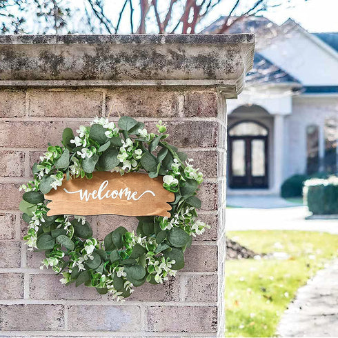 Momkids 18" Eucalyptus Wreath with Welcome Signs Fake Front Door Wreath Faux Eucalyptuses Leaves Hanging Farmhouse Wreath for Living Room Kitchen Balcony Window Porch Wedding Party Decoration