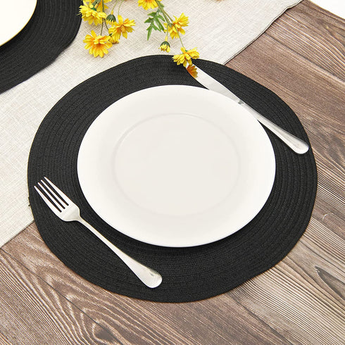 SHACOS Round Braided Placemats Set of 6 Washable Cotton Polyester Woven Round Table Mats 15 inch Heat Resistant (Black, 6)
