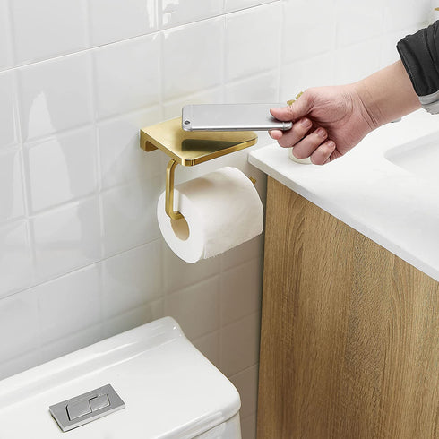 BATHSIR Toilet Paper Holder with Shelf, Brushed Gold Toilet Roll Holder Wall Mount Bathroom Phone Storage Tissue Hanger Stainless Steel
