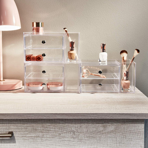 iDesign Plastic Vanity, Compact Storage Set Compartments for Cosmetics, Dental Supplies, Hair Care, Bathroom, Dorm, Desk, Countertop, Office, 6.5" x 6.5" x 6.5", 2 Drawer-Side Organizer