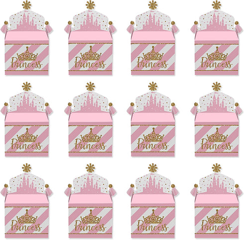 Big Dot of Happiness Little Princess Crown - Treat Box Party Favors - Pink and Gold Princess Baby Shower or Birthday Party Goodie Gable Boxes - Set of 12