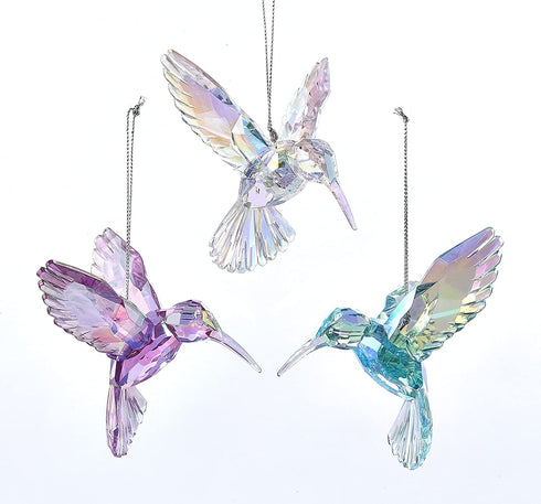 Kurt Adler 3 Assorted Acrylic Iridescent Purple, Blue and Clear Hummingbird Christmas Ornaments