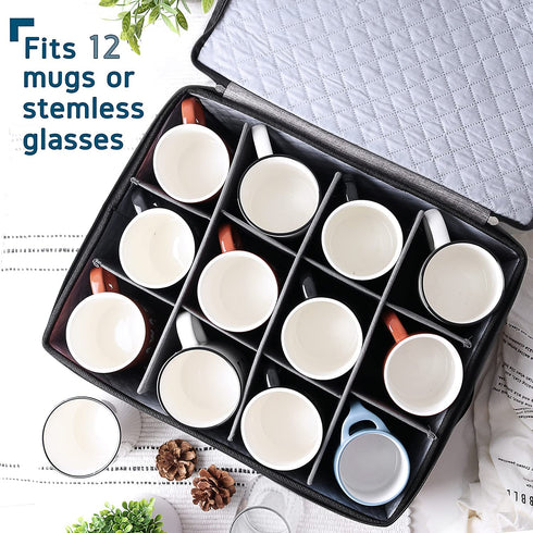 StorageBud China Storage Containers - Hard Shell, Stackable Holders For 12 Cups, Mugs, Stemless Wine Glasses Padded Dinnerware & Dish Cases with Dividers, Handles & Zippers