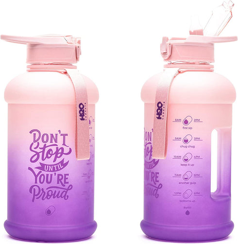 H2O Capsule INSPO Half Gallon Water Bottle with Time Marker and Straw Motivational Hydration Tracker Jug for Daily Intake Big BPA-Free FoodSafe Leakproof Drinking Bottle Handle & Strap, Purple Peach