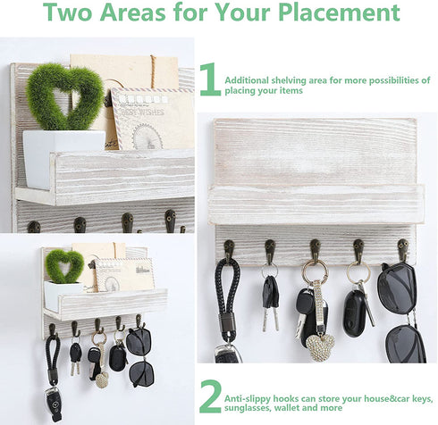 2 Pack Decorative Key and Mail Holder for Wall, Key Hanger for Wall with Shelf Wooden Wall Shelf with 5 Hooks Stylish Wall Mounted Key Holder for Entryway Kitchen Farmhouse