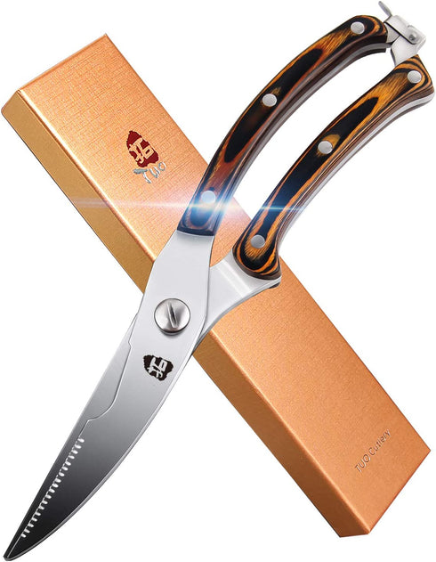 TUO Kitchen Poultry Shears, Multi-Purpose Scissors with Sturdy Pakkawood Handle; Heavy-Duty Professional High Carbon Stainless Steel Shears- Fiery Series