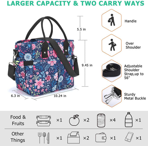 KIPBELIF Insulated Lunch Bags for Women - Large Tote Adult Lunch Box for Women with Shoulder Strap, Side Pockets and Water Bottle Holder, Blue Pink Flower, Normal Size
