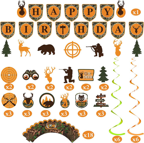 62 Pieces Hunting Birthday Party Decorations Hunting Party Supplies Camo Party Supplies Hunting Birthday Banner Deer Birthday Decorations Camo Cake Toppers Hunting Swirls Decorations