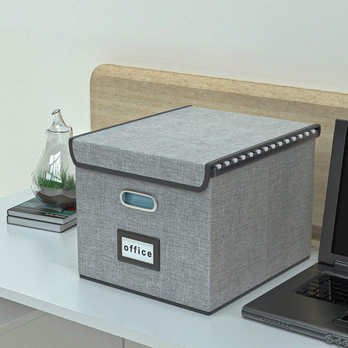 Upgrade Portable File Organizer Box with Lids, Huolewa Collapsible Linen Hanging Filing Storage Boxes with Plastic Slide, Decorative Home/Office Filling System for File and Folders Storage (Gray)