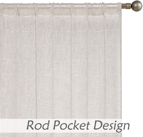 Central Park Linen Semi Sheer Curtain White GEO Cross Embroidery Panels Linen Texture Rod Pocket Window Treatment Drape Sets for Living and Bedroom Farmhouse 63 inches Long, 2 Panels, Linen