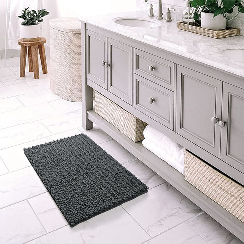 DEXI Bath Mat Bathroom Rug Non Slip Absorbent and Soft Floor Mats Washable Chenille for Bathtub Toilet Shower Room Entryway,16"x24"Dark Gray