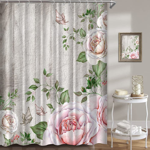 Rustic Floral Shower Curtain Watercolor Pink Rose Butterfly Bath Curtain Farmhouse Wooden Plank Country Fabric Bathroom Shower Curtain