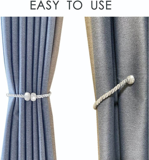 ALON Magnetic Curtain Tiebacks, Bling Curtain Holdbacks, Crystal Tie Backs for Curtains, Hold Curtains Drape Ties Backs 17 inch Holdback, No Need Drilling(Set of 4 - Silver)