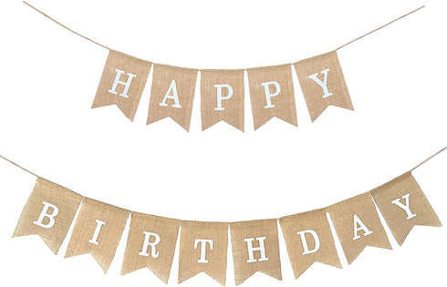 Shimmer Anna Shine Burlap Happy Birthday Banner for Birthday Party Decorations (White Print)