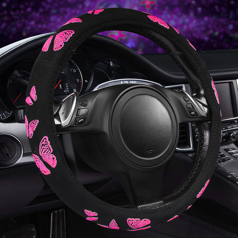 Car Pass Hot Pink Butterfly Universal Steering Wheel Cover, Fit for Suvs,Trucks,Sedans,Cars for Cute Women Girly (Hot Pink)