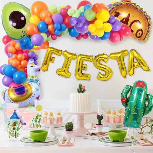 Winrayk 113PCS Fiesta Balloon Garland Arch Kit Mexican Themed Fiesta Party Decorations with Fiesta Golden Letters Avocado Cactus Taco Alpaca Cinco De Mayo Party Decorations for Kids Adults