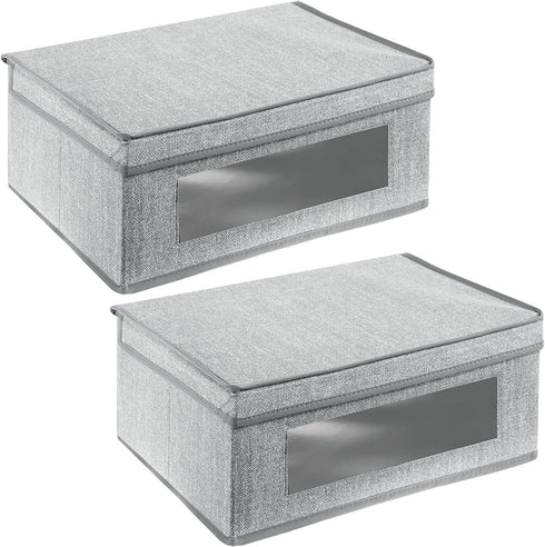 mDesign Fabric Stackable Basket Cube Storage Organizer Bin with Clear Plastic Window and Attached Lid for Organizing Bedroom Closet - Holds Clothes, Blankets, Hats - 2 Pack - Gray