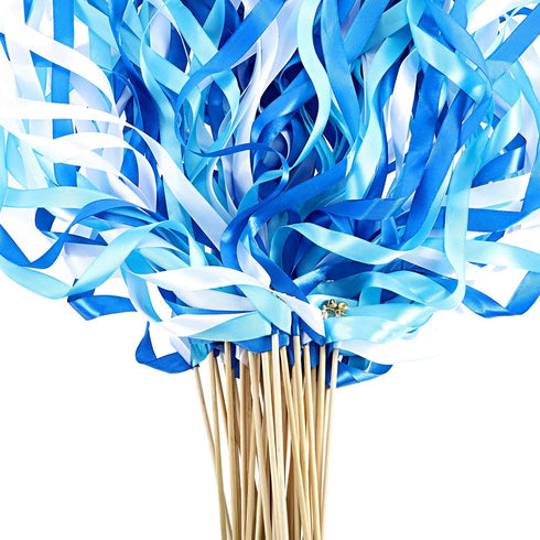 40 Pieces Mix Color Ribbon Wands Sticks with Bell Fairy Stick Party Streamers for Wedding Party (White, Blue, Light Blue)