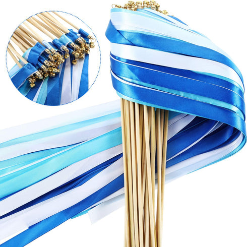 40 Pieces Mix Color Ribbon Wands Sticks with Bell Fairy Stick Party Streamers for Wedding Party (White, Blue, Light Blue)