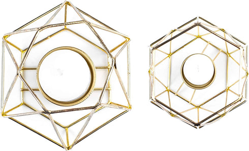 Geometric Gold Tealight Holder for Table Decor Large and Small Metal Hexagon Votive Candle Centrepiece for Shelf Decor Set of 2