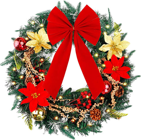 FUNARTY 22 Inches Christmas Wreath with Lights Poinsettia Golden Berries and Bowknot for Front Door Winter Christmas Indoor Outdoor Holiday Decor